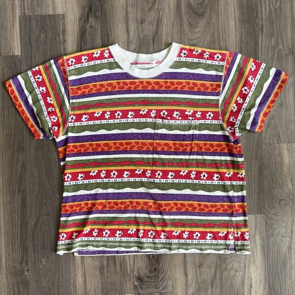 Vintage Striped Floral T-Shirt Size L Pocket Tee Multicolor Boxy 1990s - Picture 1 of 5